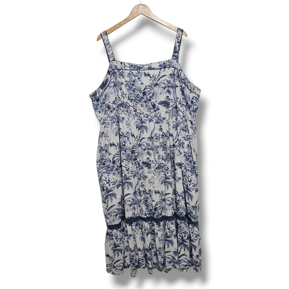 LC Tiered Midi Dress 3X Blue Tropical Toile Smocked Crochet Peasant Cottage Boho